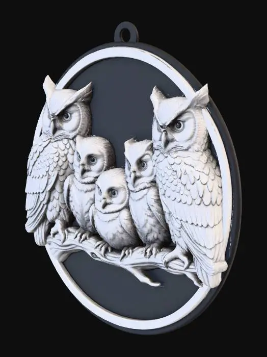3D model for *«Design a flat, circular Christmas ornament (120 mm diameter, 5 mm thickness) for single-nozzle dual-color FDM printing (Bambu Lab A1, no AMS). The front face features a highly detailed, photorealistic composition of five owls: two adult owls (symmetrically placed near the edges), two adolescent owlets (slightly inward), and one small, fluffy chick centered—facing forward. All owls are perched calmly on an implied branch, rendered in a unified plane with anatomically accurate plumage: individual feather barbs, layered wing contours, expressive eyes with specular highlights.
Color & printing constraint: Only two filaments allowed—matte black PLA (bottom layer) and matte white PLA (top layer)—with exactly one filament change during print. Achieve the two-tone effect via height-based dual e