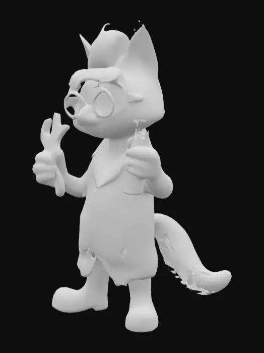 3D model for a cute and cyberpunk style character that looks like a cat with fluffy pale yellow fur and flame-shaped red hair, wearing engineer safety goggles, holding a wrench and a test tube, wearing a white lab coat with formulas written on it. wearing red gloves and red safety boots. pose of holding and waving the tools