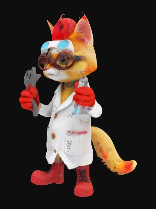 3D model for a cute and cyberpunk style character that looks like a cat with fluffy pale yellow fur and flame-shaped red hair, wearing engineer safety goggles, holding a wrench and a test tube, wearing a white lab coat with formulas written on it. wearing red gloves and red safety boots. pose of holding and waving the tools