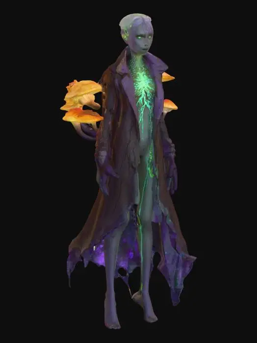 3D model for character design, female fungal empress, biopunk horror. Tall, slender figure in a tattered, stained lab coat. Right side: dark bark-like skin with glowing purple and green bioluminescence in the cracks. Left side: pale skin with glowing amber circuit patterns. Face half-hidden by a crown of pale, bioluminescent oyster mushrooms; eyes glow toxic blue. Full-body shot, dark sci-fi style, dramatic lighting, hyper-detailed. --ar 2:3