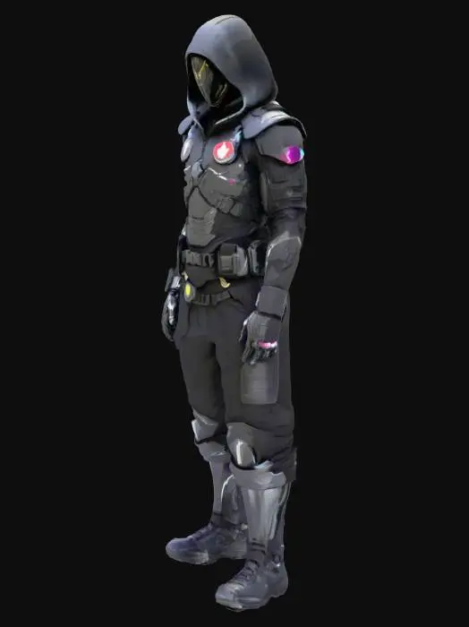 3D model for A lean and agile futuristic special forces military officer, "Shadowfawkes," with a formidable yet streamlined build optimized for recon. His suit is crafted from advanced, dark matte stealth composites and flexible, armored nanoweave fabric, giving it a sleek, tactical appearance. Numerous glowing holographic medals and intricate, polished metallic emblems of the Eclipse Legion adorn his chest and shoulders, contrasting sharply with the deep charcoal and obsidian hues of his gear. His helmet features a reflective visor, and the suit's surface feels smooth yet incredibly resilient.