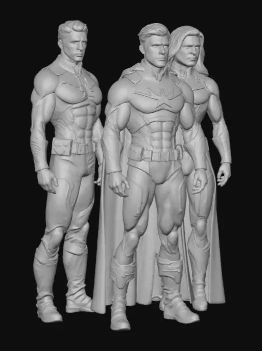 3D model for A realistic, detailed 3D model of The Avengers, depicted as a cohesive group. Each character exhibits photorealistic human and enhanced physiques, with their iconic costumes rendered in high fidelity. Material textures include finely woven fabrics, gleaming metals with subtle battle wear, and flexible leathers, all reflecting light realistically. Colors are vibrant and true to their established palettes, featuring intricate details on armor plating, utility belts, and facial expressions that convey determination and readiness for action. The overall structure emphasizes heroic posture and powerful forms.