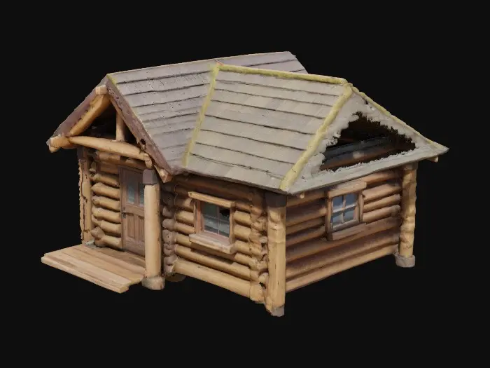 3D model for A small, rustic wooden cabin, built from rough-hewn logs with a warm, natural brown hue and visible grain texture. Its sloped roof is covered in aged, mossy shingles, giving it a soft, earthy appearance. The cabin features a sturdy, dark-stained wooden door and small, multi-paned glass windows that reflect a gentle light. The overall structure is compact and inviting, with a robust, solid feel.