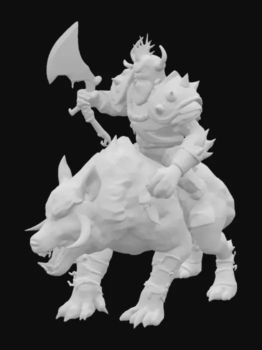 3D model for A grotesque orc warrior, hunched and heavily armored in rough, dark iron plates with a weathered, pitted texture. Its green-grey skin is thick and leathery, scarred and coarse to the touch. The orc brandishes a rusty, serrated blade, its grip wrapped in worn leather. It rides a massive, wolf-like warg with matted, bristly dark fur, powerful sinewy limbs, and an aggressive, snarling snout revealing sharp, yellowed teeth. The warg's eyes glow with a feral intensity.