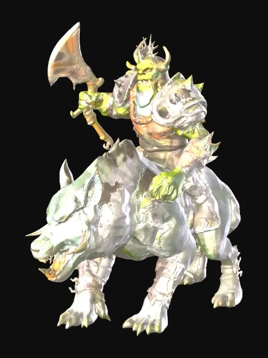 3D model for A grotesque orc warrior, hunched and heavily armored in rough, dark iron plates with a weathered, pitted texture. Its green-grey skin is thick and leathery, scarred and coarse to the touch. The orc brandishes a rusty, serrated blade, its grip wrapped in worn leather. It rides a massive, wolf-like warg with matted, bristly dark fur, powerful sinewy limbs, and an aggressive, snarling snout revealing sharp, yellowed teeth. The warg's eyes glow with a feral intensity.