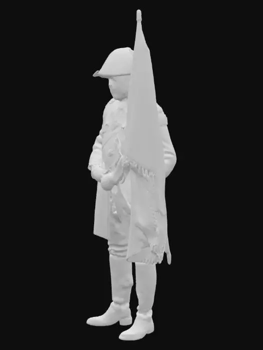 3D model for A musketeer standing by. French, make him hold a French flag with gold around the flag cloth. 