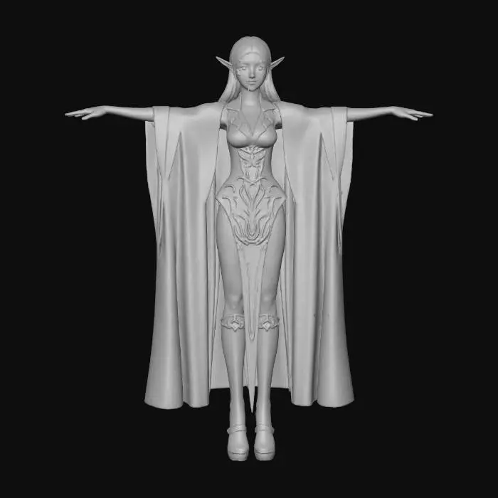 3D model for A slim elven female mage character, designed for a video game, features an elegant, slender physique. She is clad in flowing robes, primarily made of smooth, soft white silk that cascades gracefully, accented with rich, deep sapphire blue velvet panels. Delicate silver embroidery, depicting arcane symbols, adorns the hems and cuffs, adding subtle texture. Her distinctively pointed ears and sharp, refined elven facial features are framed by long, pristine white hair. Her posture is one of serene readiness, hinting at contained magical power. and make her cloak a mixture of silver and light blue. She should be standing in a T pose.