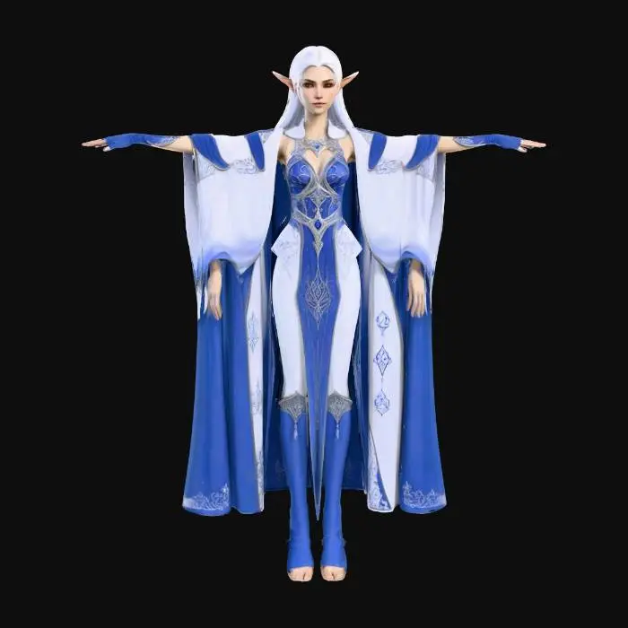 3D model for A slim elven female mage character, designed for a video game, features an elegant, slender physique. She is clad in flowing robes, primarily made of smooth, soft white silk that cascades gracefully, accented with rich, deep sapphire blue velvet panels. Delicate silver embroidery, depicting arcane symbols, adorns the hems and cuffs, adding subtle texture. Her distinctively pointed ears and sharp, refined elven facial features are framed by long, pristine white hair. Her posture is one of serene readiness, hinting at contained magical power. and make her cloak a mixture of silver and light blue. She should be standing in a T pose.