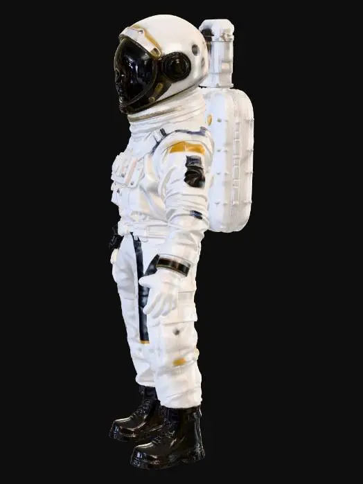 3D model for An abandoned sexy female colony astronaut. Her spacesuit is a mix of revealing old fabric and sandblasted aluminum, with large clumps of dirt and scorch marks on the surface. The helmet visor is covered with opaque cracks and mud. parts of her body can be seen revealing her flawless white skin. her spacesuit only covering the bare minimal to keep her alive and exploring the unknown Requirement: Photorealistic, focus on the texture of fabric folds, the aging of the metal, and meticulous detail on damage and dirt accumulation.
