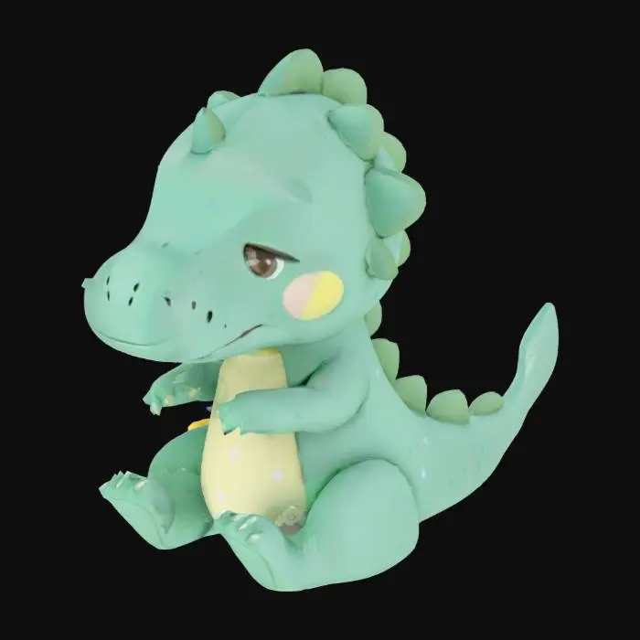 3D model for 
Crea un modelo 3D adorable de un dinosaurio T-Rex verde (tono menta suave) con pancita blanca, ojos grandes y soñolientos, y una mascota de estrellita amarilla mas pequeña en el hombro derecho que lleva un mini sombrero de dormir (azul con lunares blancos). El diseño debe ser kawaii: cabeza grande, cuerpo rechoncho y patas cortas. Actitud: tierno y soñoliento, bostezando o frotándose un ojo. Usa colores pastel y sombreado suave para un estilo sticker. Palabras clave: mascota sleep-tech, cute, personaje de sueño, estilo ilustración 3D.  

