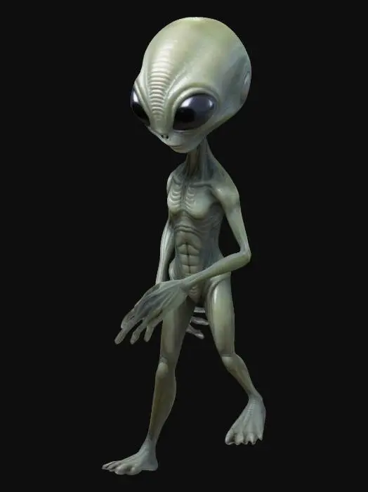 3D model for alien, standing in A-pose, high quality, large eyes, long fingers, thin body