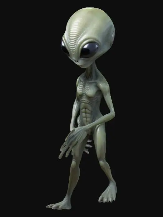 3D model for alien, standing in A-pose, high quality, large eyes, long fingers, thin body