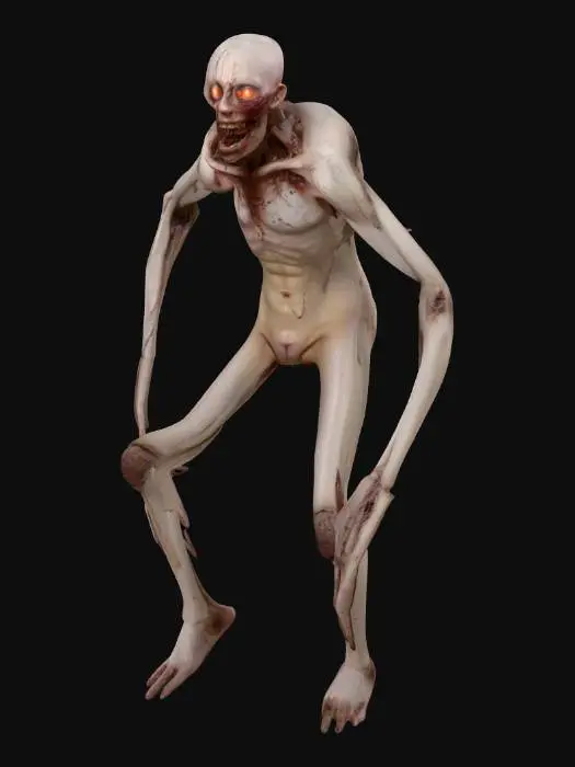 3D model for Realistic psychological horror humanoid, full body A-pose on plain white background, unnaturally large glowing eyes, face grotesquely distorted with festering, pus-like crusted lesions (non-graphic), warped smiling mouth, waxy/artificial stretched skin, extremely long thin limbs and fingers, no clothing (non-sexual, anatomically neutral), very creepy unsettling atmosphere, cinematic lighting, high detail, photorealistic, 4k