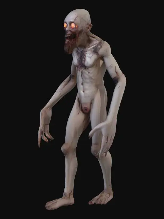 3D model for Realistic psychological horror humanoid, full body A-pose on plain white background, unnaturally large glowing eyes, face grotesquely distorted with festering, pus-like crusted lesions (non-graphic), warped smiling mouth, waxy/artificial stretched skin, extremely long thin limbs and fingers, no clothing (non-sexual, anatomically neutral), very creepy unsettling atmosphere, cinematic lighting, high detail, photorealistic, 4k