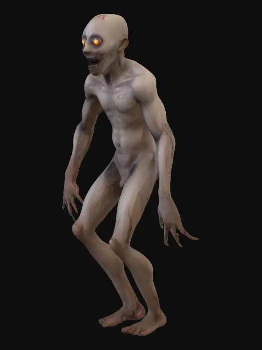 3D model for “Realistic SCP-inspired humanoid horror entity in full-body A-pose, standing on a plain white background, anatomically neutral with no clothing (non-sexual). Extremely unsettling appearance: unnaturally large faintly glowing eyes, grotesquely distorted and deformed face with festering, pus-like crusted skin textures (non-graphic), wide unnatural smile, waxy artificial stretched flesh. Limbs unnaturally long and thin, fingers and toes elongated and uncanny. Strong SCP monster aesthetic (SCP-096, SCP-173, SCP-106), clinical documentation style, eerie psychological horror atmosphere, cinematic dramatic lighting, photorealistic high detail, realistic skin texture, 3D character model.”