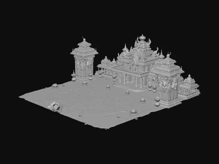 3D model for A stylized 3D game arena inspired by ancient Indian Vedic architecture and Dravidian temples. The center is a raised 7x7 grid game board styled like a ritualistic Mandala. The floor tiles alternate between polished white marble and etched red sandstone, separated by thin gold-inlaid grooves.

The arena is surrounded by four miniature ornate Gopuram (temple towers) at the corners, featuring intricate carvings of celestial beings and elephants. The perimeter features glowing incense burners and floating lotus petals.

Art Style: High-fantasy, vibrant colors, semi-realistic textures. Warm cinematic lighting with sunset hues, gold leaf accents, and weathered stone details. Low-poly optimized but with high-detail baked normals. 4k PBR textures.