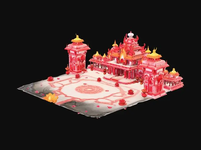 3D model for A stylized 3D game arena inspired by ancient Indian Vedic architecture and Dravidian temples. The center is a raised 7x7 grid game board styled like a ritualistic Mandala. The floor tiles alternate between polished white marble and etched red sandstone, separated by thin gold-inlaid grooves.

The arena is surrounded by four miniature ornate Gopuram (temple towers) at the corners, featuring intricate carvings of celestial beings and elephants. The perimeter features glowing incense burners and floating lotus petals.

Art Style: High-fantasy, vibrant colors, semi-realistic textures. Warm cinematic lighting with sunset hues, gold leaf accents, and weathered stone details. Low-poly optimized but with high-detail baked normals. 4k PBR textures.