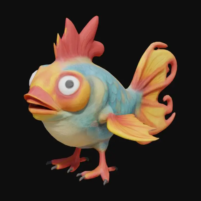 3D model for I want to create a hybrid of a fish and a rooster so that the rooster has a fish head and a fish tail. 