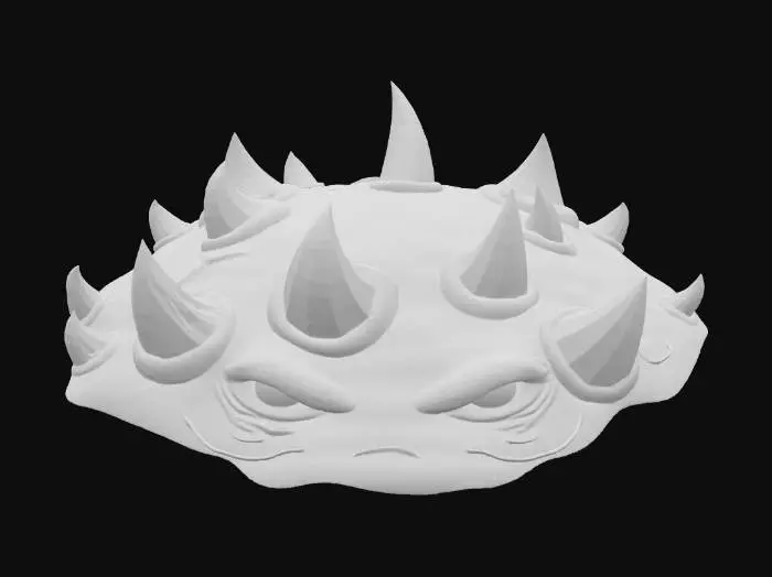 3D model for thorny plant with a texture reminiscent of a rough, bumpy bark surface. It has a dark brown color with small cracks and irregularities. Sharp, slightly curved spines of a light brown or beige color protrude along the upper edge of the plant, with a smooth but firm texture. Two squinting eyes with reddish pupils are visible from the center, surrounded by wrinkles, which gives the plant an ominous and lively appearance. The texture of the eyes is moist and slightly shiny, contrasting with the matte surface of the rest of the body.