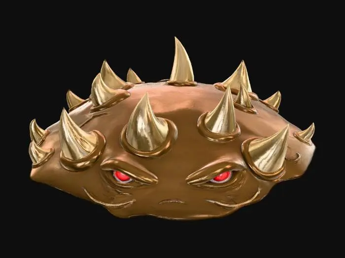 3D model for thorny plant with a texture reminiscent of a rough, bumpy bark surface. It has a dark brown color with small cracks and irregularities. Sharp, slightly curved spines of a light brown or beige color protrude along the upper edge of the plant, with a smooth but firm texture. Two squinting eyes with reddish pupils are visible from the center, surrounded by wrinkles, which gives the plant an ominous and lively appearance. The texture of the eyes is moist and slightly shiny, contrasting with the matte surface of the rest of the body.