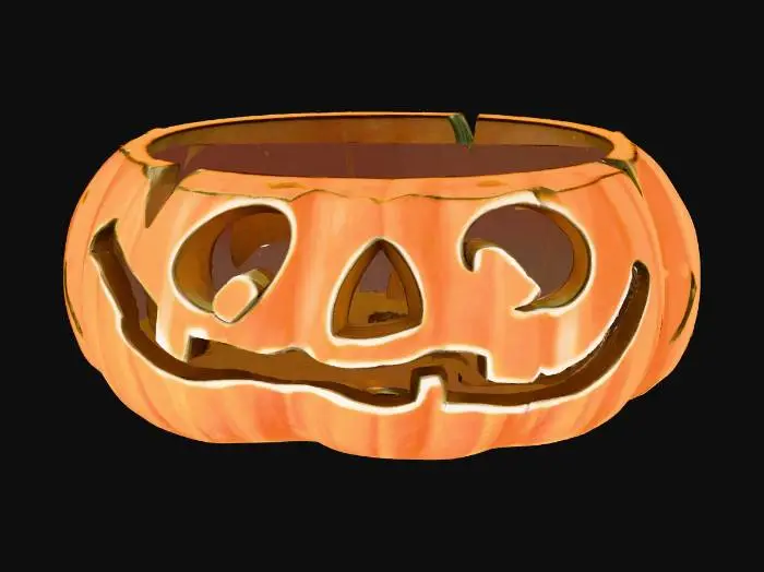 3D model for pumpkin has a vibrant orange exterior with a slightly rough, bumpy texture, typical of a natural gourd. The top is cut open in a jagged, irregular pattern, revealing a dark, empty interior. The front features a carved face with triangular eyes, a triangular nose, and a wide, toothy grin, all with smooth, slightly worn edges. The surface has a matte finish with subtle shading to enhance the three-dimensional effect, giving it a rustic and festive appearance.