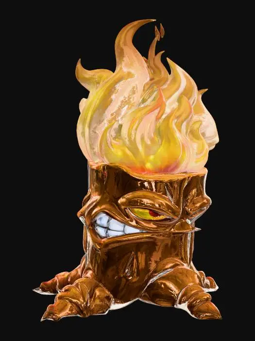 3D model for tree stump with a fiery top. The stump has a rough, textured bark surface with a rugged, uneven appearance, featuring earthy brown tones and subtle cracks. The base is slightly wider, with gnarled, root-like protrusions extending outward, adding to its organic look. The face is carved into the front of the stump, with a menacing expression: narrow, glowing yellow eyes, a wide, toothy grin with sharp teeth, and furrowed brows, giving it a sinister yet playful vibe. At the top, a vibrant, flickering flame burns brightly, with intense yellow and orange hues, emitting small sparks and a soft glow