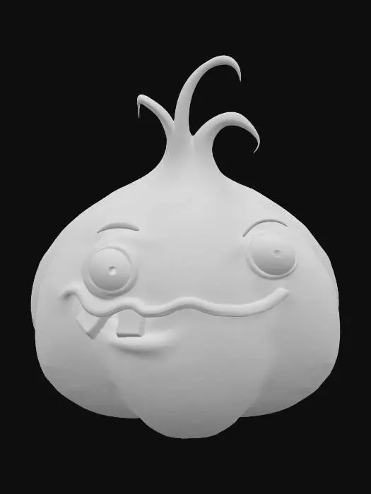 3D model for garlic has a rounded, bulbous shape with a slightly irregular, organic texture, resembling a real garlic clove but exaggerated for effect. It features a pale, beige color with subtle shading to suggest a rough, bumpy surface typical of garlic skin. The top of the bulb has two curved, leafy green sprouts that are slightly wilted and drooping. The garlic has a mischievous expression with large, bulging pinkish eyes, one slightly larger than the other, giving it a quirky look. Its mouth is wide and crooked, showing two prominent, square front teeth and a slightly open, goofy grin. The overall texture appears smooth yet slightly wrinkled, with a mix of matte and glossy highlights to enhance its playful, animated style.