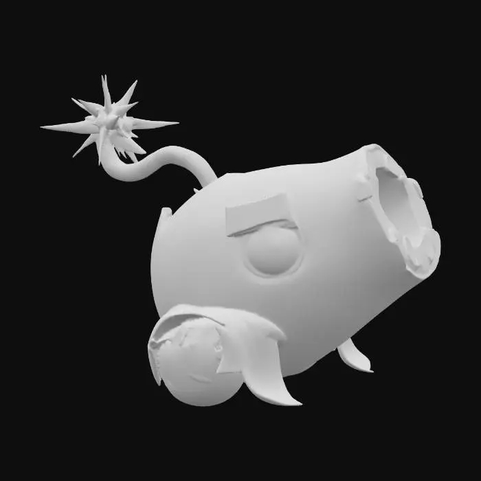 3D model for A round brown coconut with a rough texture, one large eye with a white iris and a black pupil, a dark brown eyebrow above the eye, a large round white hole with a gray inner channel on the right side, green leaves below, a wick with a bright yellow spark at the back.