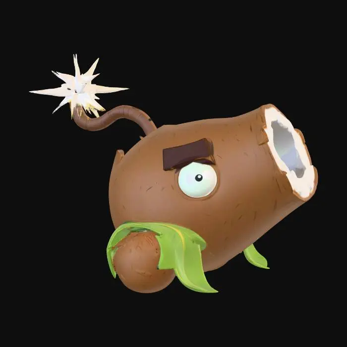 3D model for A round brown coconut with a rough texture, one large eye with a white iris and a black pupil, a dark brown eyebrow above the eye, a large round white hole with a gray inner channel on the right side, green leaves below, a wick with a bright yellow spark at the back.