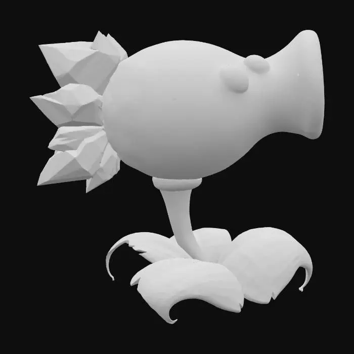3D model for Ice Peashooter with a light blue, glossy body that is oval-shaped with a wide stem opening at the end. To the left of the body are several sharp ice crystals with a transparent texture and a slight sheen. The plant stands on a green stem with three wide leaves, curved and veined. On the body are two large expressive eyes with white highlights and dark blue pupils. The texture of the body is smooth, with slight reflections of light, emphasizing the icy theme.