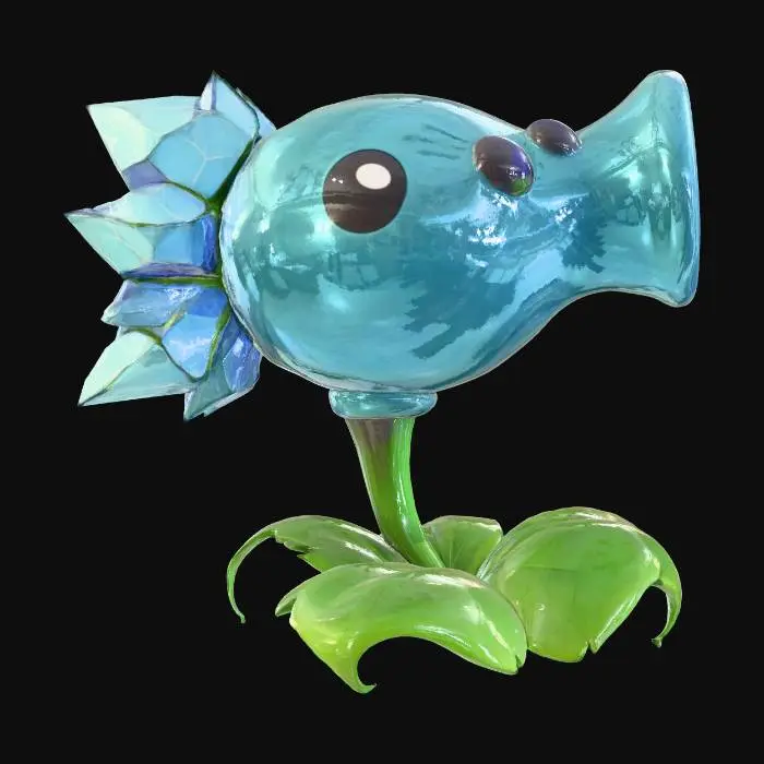 3D model for Ice Peashooter with a light blue, glossy body that is oval-shaped with a wide stem opening at the end. To the left of the body are several sharp ice crystals with a transparent texture and a slight sheen. The plant stands on a green stem with three wide leaves, curved and veined. On the body are two large expressive eyes with white highlights and dark blue pupils. The texture of the body is smooth, with slight reflections of light, emphasizing the icy theme.