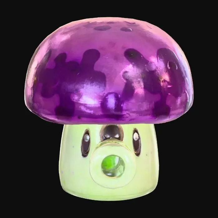 3D model for purple mushroom with a large, rounded cap featuring darker purple spots. The stem is light green with a wide, open mouth-like structure, giving it a character-like appearance with expressive eyes