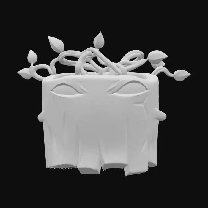 3D model for The appearance resembles rough, uneven wood core with cracks and wear, creating a rugged and ancient textured appearance. The figure's head has twisting branches with small light green leaves, adding a natural contrast. The eyes are bright, yellowish, with an intense glow, a subtle, frightening and mystical look. The body is covered in gray-brown bark with a rough surface, creating a wood texture, the lower part is slightly torn, as if worn by time.