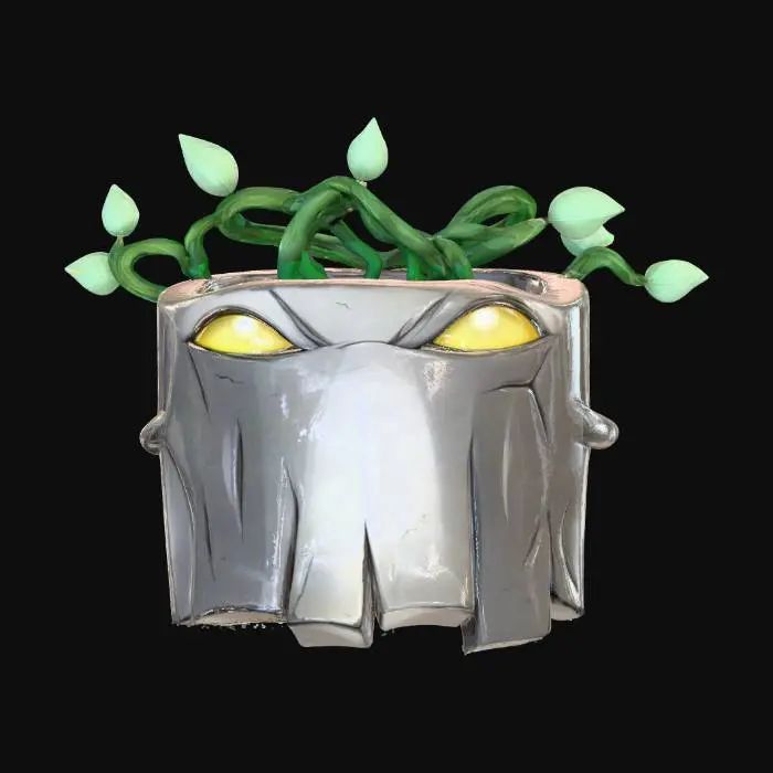 3D model for The appearance resembles rough, uneven wood core with cracks and wear, creating a rugged and ancient textured appearance. The figure's head has twisting branches with small light green leaves, adding a natural contrast. The eyes are bright, yellowish, with an intense glow, a subtle, frightening and mystical look. The body is covered in gray-brown bark with a rough surface, creating a wood texture, the lower part is slightly torn, as if worn by time.