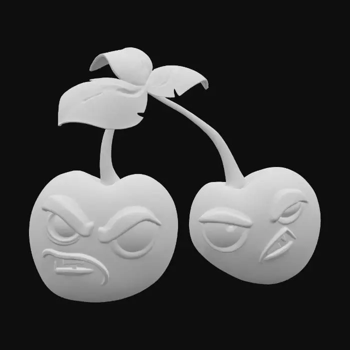 3D model for Two anthropomorphic cherry fruits with a heart shape, bright red color with a glossy surface. Each has a brown stalk and three green leaves with veins. The faces express malice: yellow eyes with narrow pupils, frowning eyebrows, compressed lips with visible teeth. The background is black.