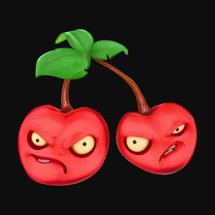 3D model for Two anthropomorphic cherry fruits with a heart shape, bright red color with a glossy surface. Each has a brown stalk and three green leaves with veins. The faces express malice: yellow eyes with narrow pupils, frowning eyebrows, compressed lips with visible teeth. The background is black.