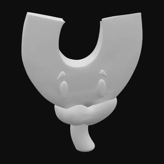 3D model for magnet has a glossy, deep red surface with a smooth texture, topped by two flat, gray-black poles that have a slightly metallic sheen. The front of the magnet features a friendly face with large, round, white eyes outlined in black, small green eyebrows, and a subtle, curved mouth. At the base, the magnet merges into a small, purple mushroom cap with a soft, matte texture and a few scattered dark spots. The mushroom stem is short, green, and slightly textured, blending seamlessly into the magnet above