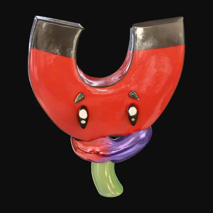 3D model for magnet has a glossy, deep red surface with a smooth texture, topped by two flat, gray-black poles that have a slightly metallic sheen. The front of the magnet features a friendly face with large, round, white eyes outlined in black, small green eyebrows, and a subtle, curved mouth. At the base, the magnet merges into a small, purple mushroom cap with a soft, matte texture and a few scattered dark spots. The mushroom stem is short, green, and slightly textured, blending seamlessly into the magnet above