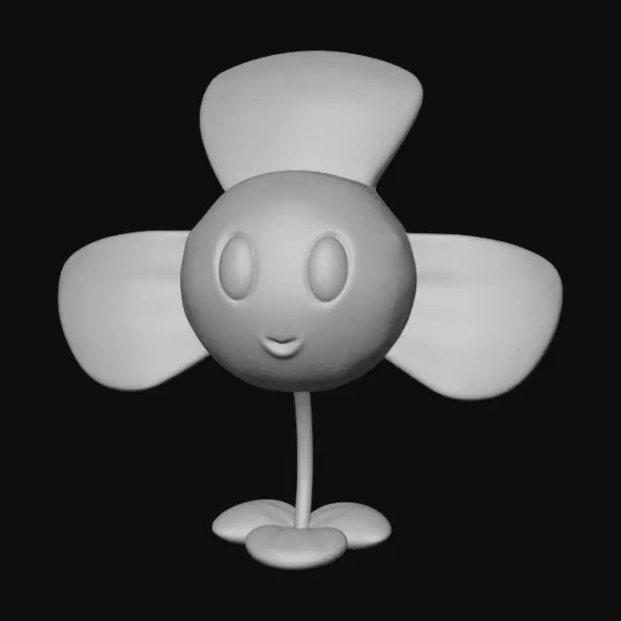 3D model for A round, light-green stem with three glossy, slightly curved leaves and a spherical head. The face features two black, reflective eyes and a subtle smile; the texture is matte. The base has three rough leaflets.