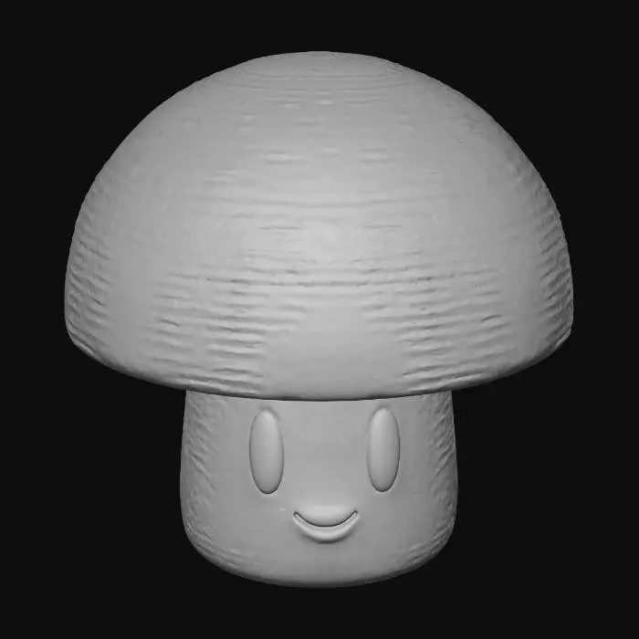 3D model for Yellow mushroom. The cap is round and yellow with scattered orange spots of varying sizes, the texture glossy with a slight sheen. The stem is creamy white, cylindrical, with a soft matte surface. The face on the stem includes two large, round, black eyes with white highlights and a small smile.
