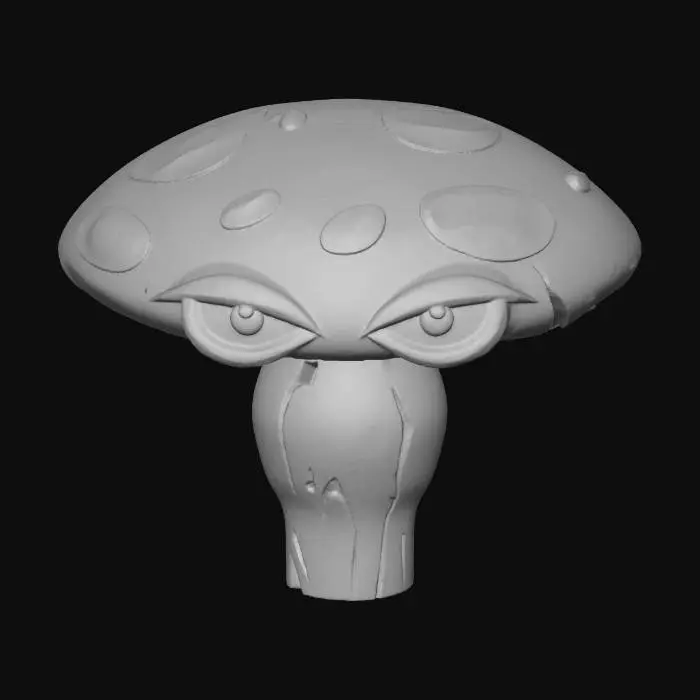 3D model for Shroom. The cap is broad, flat, and circular, featuring a vibrant red color with scattered white spots, giving it a glossy and slightly reflective texture reminiscent of a toadstool. On the cap two eyes. The cap has a smooth surface with subtle curves and a slight crack on one side, adding a rugged detail. The underside of the cap transitions into a thick, beige stem, which is cylindrical and textured with faint vertical lines and a slightly rough, organic surface. The stem appears sturdy yet soft, with a matte finish
