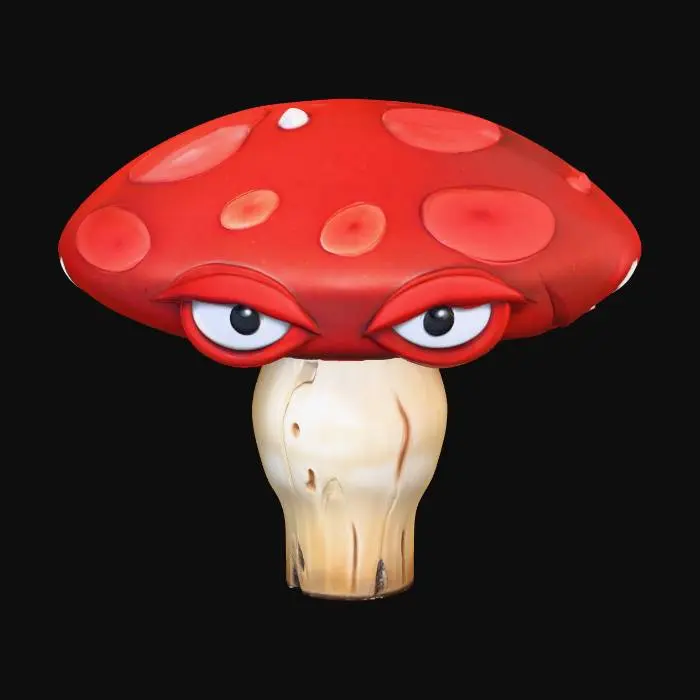 3D model for Shroom. The cap is broad, flat, and circular, featuring a vibrant red color with scattered white spots, giving it a glossy and slightly reflective texture reminiscent of a toadstool. On the cap two eyes. The cap has a smooth surface with subtle curves and a slight crack on one side, adding a rugged detail. The underside of the cap transitions into a thick, beige stem, which is cylindrical and textured with faint vertical lines and a slightly rough, organic surface. The stem appears sturdy yet soft, with a matte finish