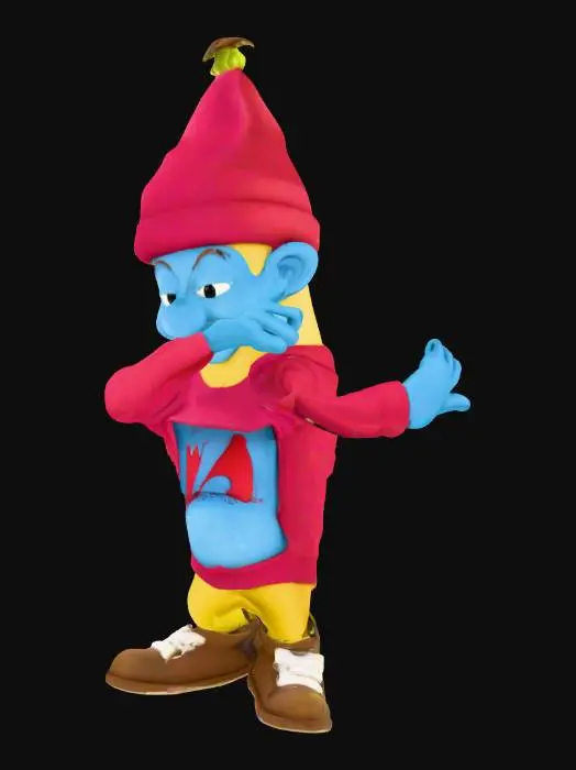 3D model for Create a surreal 3D render of a banana that has the face of Peter Griffin from Family Guy, with his signature double chin and goofy smile clearly recognizable, seamlessly blended onto the fruit’s curved peel. On top of the banana, place the classic white hat of a Smurf, tilted slightly to give it a whimsical look, with soft fabric texture and shading that makes it look real. Dress the banana’s body in a Freddy Fazbear shirt, dark and cartoonish, featuring small references to the Five Nights at Freddy’s universe while still fitting snugly around the fruit. On its lower peel, add detailed Nike shoes, sporty and well-rendered, contrasting humorously with the banana form. Make the style colorful, vibrant, and slightly comedic.