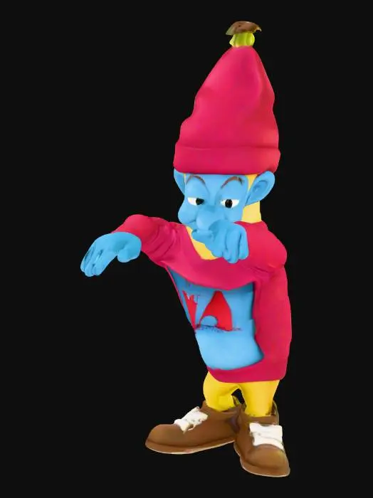 3D model for Create a surreal 3D render of a banana that has the face of Peter Griffin from Family Guy, with his signature double chin and goofy smile clearly recognizable, seamlessly blended onto the fruit’s curved peel. On top of the banana, place the classic white hat of a Smurf, tilted slightly to give it a whimsical look, with soft fabric texture and shading that makes it look real. Dress the banana’s body in a Freddy Fazbear shirt, dark and cartoonish, featuring small references to the Five Nights at Freddy’s universe while still fitting snugly around the fruit. On its lower peel, add detailed Nike shoes, sporty and well-rendered, contrasting humorously with the banana form. Make the style colorful, vibrant, and slightly comedic.