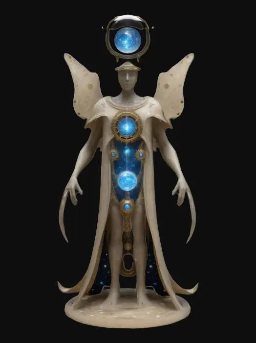 3D model for Cosmic Timekeeper - A celestial being responsible for maintaining the flow of time across dimensions. Their body appears translucent and is filled with swirling galaxies and clockwork gears that rotate in synchronized motion. Their head is a glowing orb with an hourglass embedded inside, its sand perpetually flowing upwards. They wear a long, flowing robe made of starry fabric that shifts colors like a nebula.