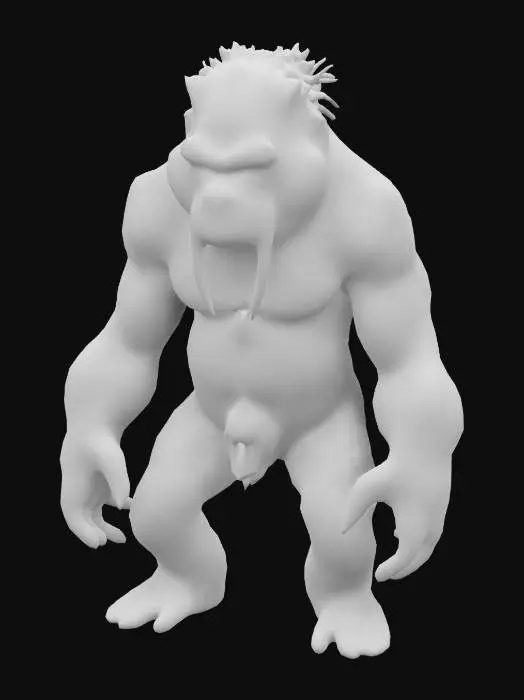 3D model for Caveman-like, tribal gorilla. Wears tribal face-paint and markings across it's body. The gorilla has tusls sprouting from the sides of it's mouth, as well as a skull pendant around its neck