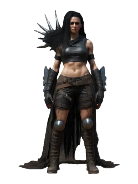 Tall, muscular, female brawler, Mad Max type aesthetic. Long black hair and spiked… 3D model, vytvořený pomocí AI