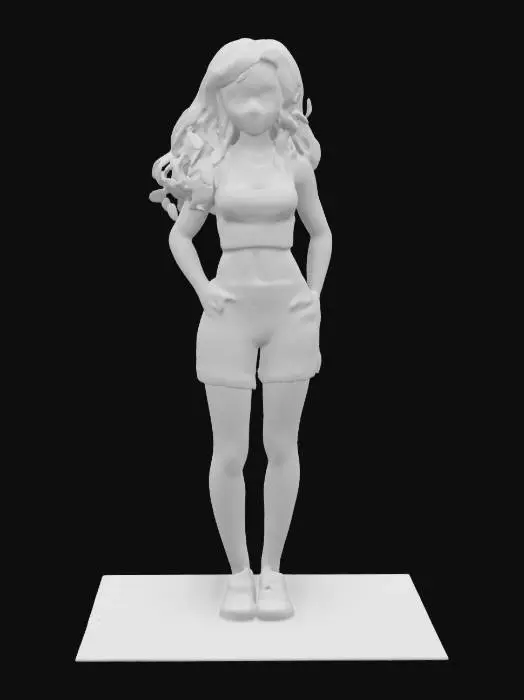 3D model for Highly detailed model, realistic textures. Beautiful, early 20's blonde girl with soft, wavy hair past her shoulders, bright blue eyes, and a warm smile. Light freckles on cheeks. Wearing a tank top, denim shorts and white knee-high socks with simple sneakers. Relaxed and inviting posture, exuding natural beauty. Art style is highly realistic and detailed, with the girl giving off a warm and playful feel.