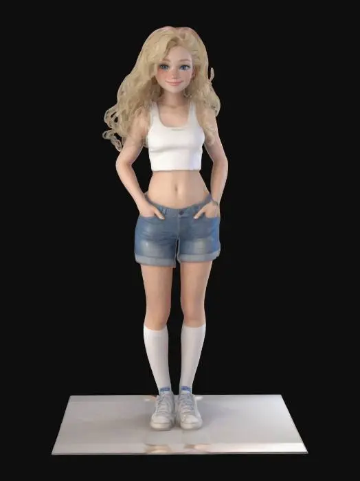 3D model for Highly detailed model, realistic textures. Beautiful, early 20's blonde girl with soft, wavy hair past her shoulders, bright blue eyes, and a warm smile. Light freckles on cheeks. Wearing a tank top, denim shorts and white knee-high socks with simple sneakers. Relaxed and inviting posture, exuding natural beauty. Art style is highly realistic and detailed, with the girl giving off a warm and playful feel.