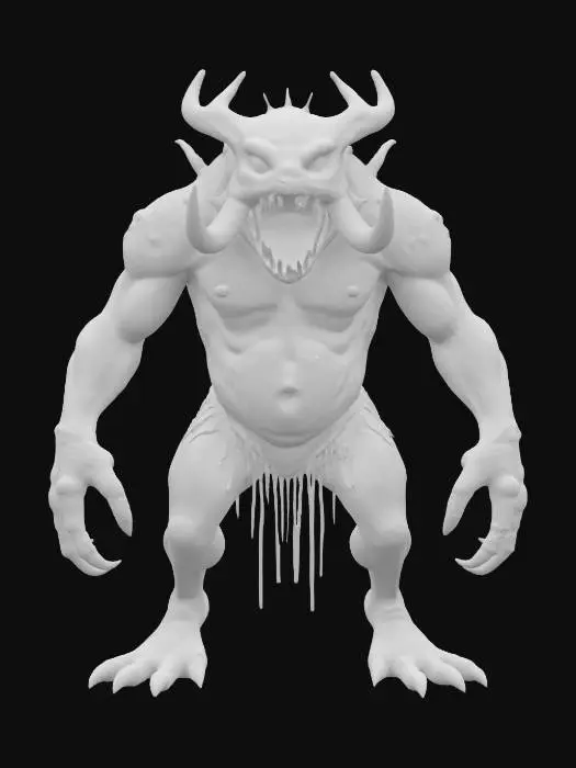 3D model for Grotesque, gothic horror chimera. Hulking toad-like body with thick, leathery skin covered in sharp, protruding bone plates. Head of a fanged warthog, snarling, with glowing amber eyes. A second, smaller head of a raven growing from its shoulder, its beak whispering curses. Short, muscular arms ending in clawed mole-like hands. Back covered in spiky barnacle-like growths. Dripping black ichor from its mouth. Elden Ring-inspired gothic creature design, dark and ominous